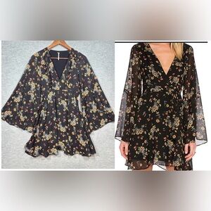 Free People Lilou Dress XS Black Floral Flare Sleeves Mini V Neck Boho